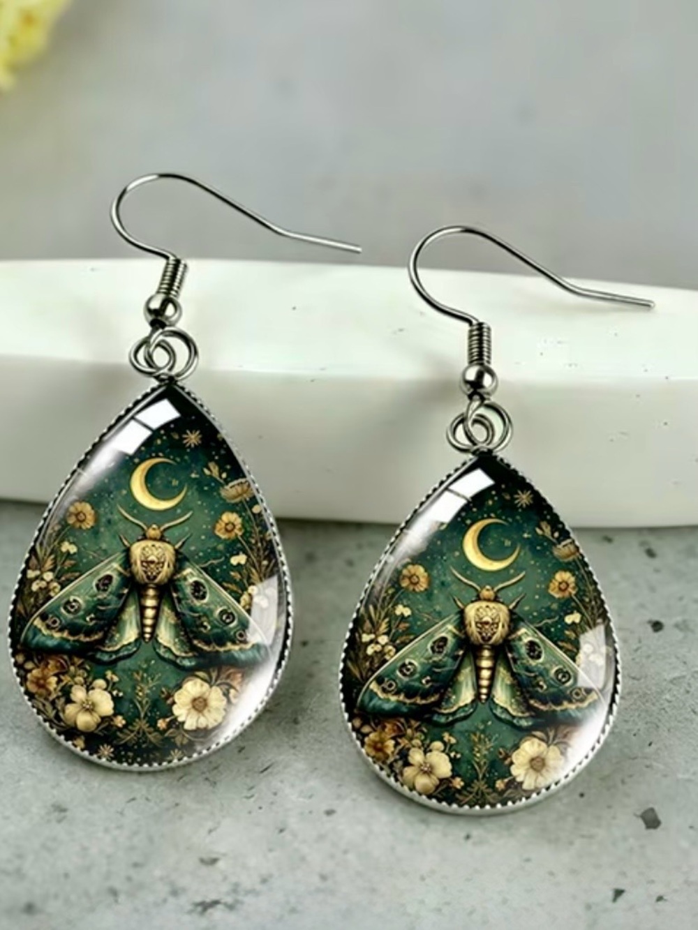 Green Moth Teardrop Earrings Artistic Crescent Moon Design 1.75” drop